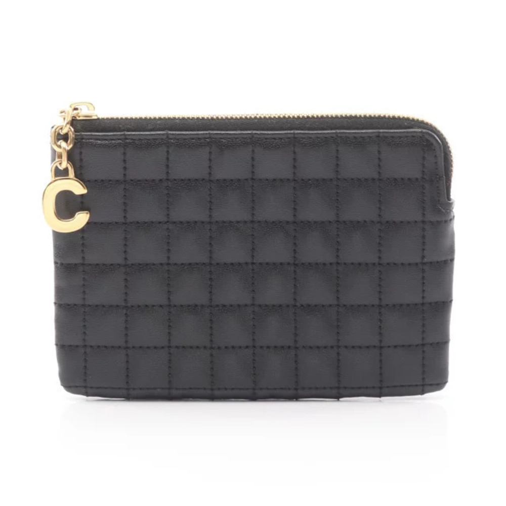 Celine Coin Card Pouch Clutch C Charm Case Wallet Leather Black